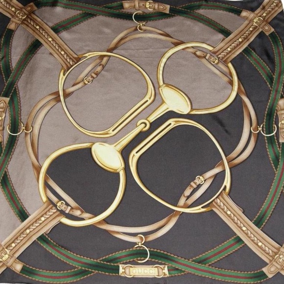 GUCCI ICONIC EQUESTRIAN HORSEBIT BROWN BEIGE GREEN SILK SCARF - Picture 4 of 9